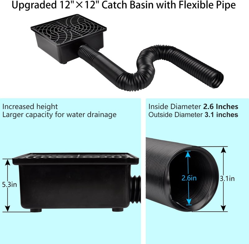 Prestantious Gutter Downspout Catch Basin, Upgraded Version 12"×12" Catch Basin Gutter Downspout Extensions with 3.1” OD Flexible Pipe, Rainwater Downspout Diverter, Pipe Stretched Length 6.7ft - Image 2